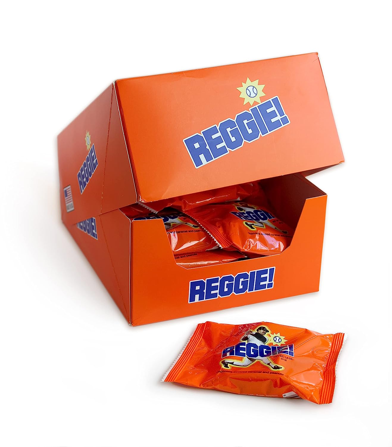 Open 24-count display box of REGGIE! Bars